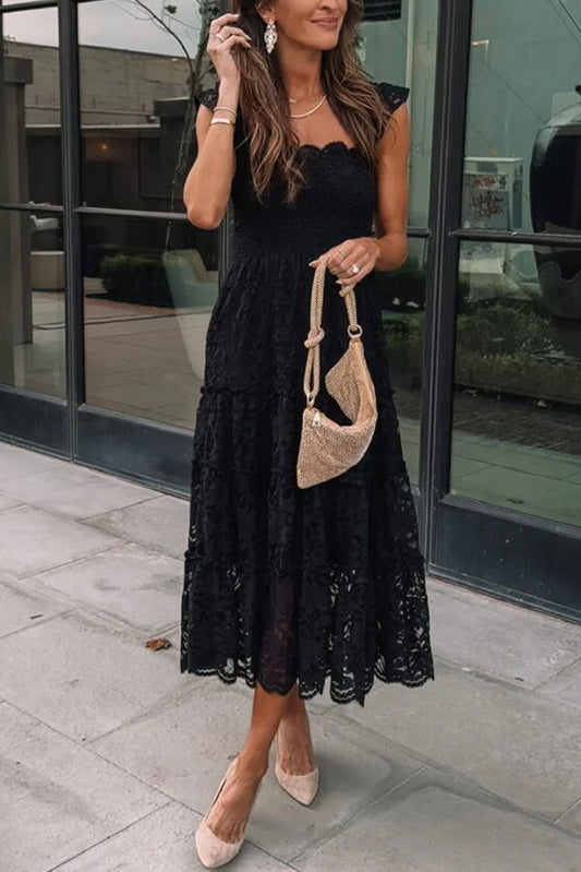 Black Lace Smocked Bodice Sleeveless Midi DressMaterial:54%Polyamide+41%Polyester+5%Elastane

• Effortlessly chic, this black lace smocked bodice midi dress exudes elegance and sophistication, perfect for both c