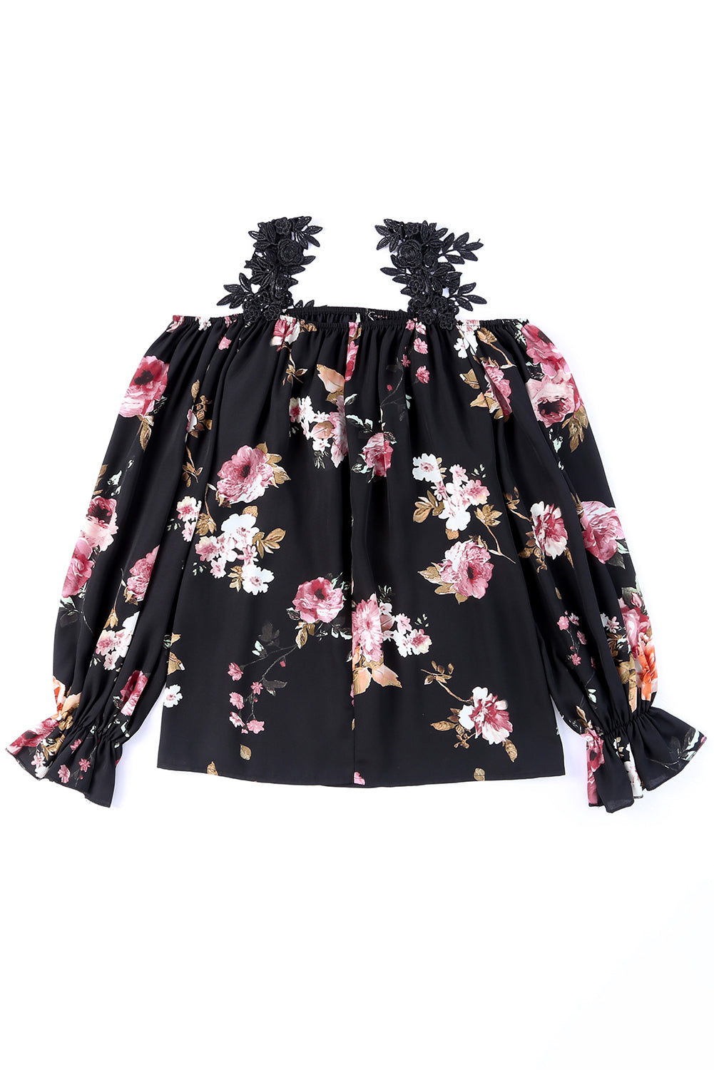 Black Floral Print Lace Loose Off Shoulder BlouseMaterial:100%Polyester



		The cold shoulder
design makes this blouse much sexier than you think
	
	
		The sleekness and
silkiness touch gives endless comfor