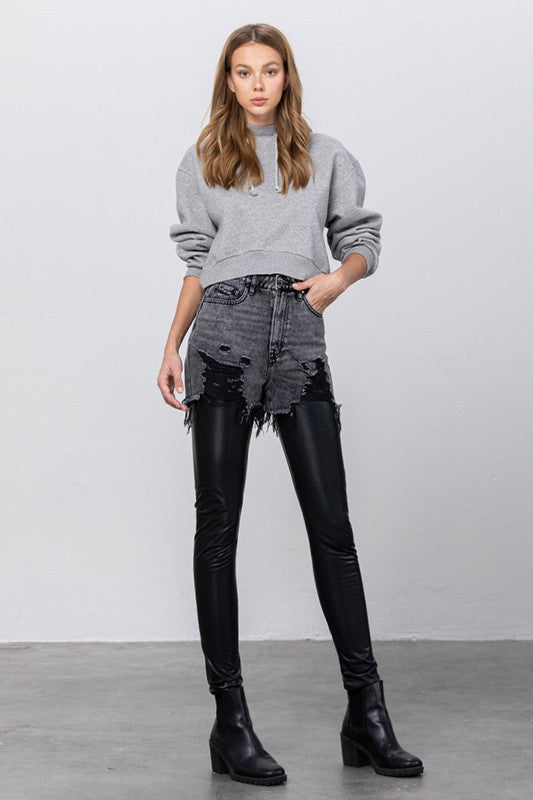 HIGH RISE LEATHER COMBO DENIM PANTSHIGH RISE LEATHER COMBO ANKLE SKINNY 100% COTTONLeatherFaux leather content: 20% PU,76%POLYESTER,4%SPANDEX(SIZE 3)WAIST 27"HIP 38"FRONT RISE 11 1/2"LEG OPENING 9"INS