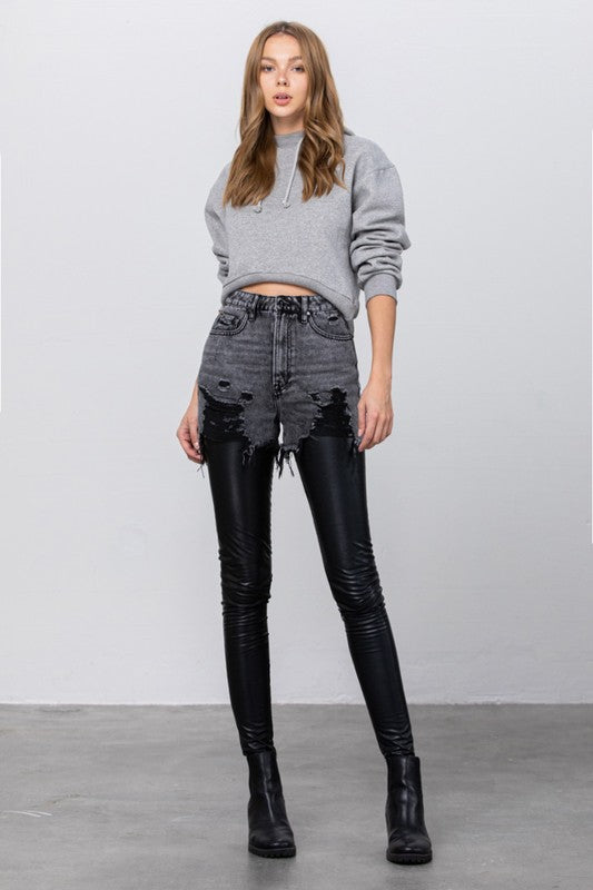 HIGH RISE LEATHER COMBO DENIM PANTSHIGH RISE LEATHER COMBO ANKLE SKINNY 100% COTTONLeatherFaux leather content: 20% PU,76%POLYESTER,4%SPANDEX(SIZE 3)WAIST 27"HIP 38"FRONT RISE 11 1/2"LEG OPENING 9"INS