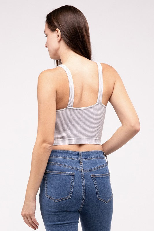 Washed Ribbed Cropped V-Neck Tank TopThe Washed Ribbed Cropped V-Neck Tank Top offers a stylish and comfortable option for your wardrobe. Made from ribbed fabric with a washed finish, it exudes a casual