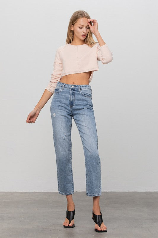 HIGH RISE STRAIGHT JEANSHIGH RISE STRAIGHT JEANS100% COTTON(SIZE 3)WAIST 28"HIP 37 1/2"FRONT RISE 11 1/2"LEG OPENING 13"INSEAM 27"*Model wears size 3*MODELHEIGHT 5'9"WAIST 24"HIPS 35"BUST 3