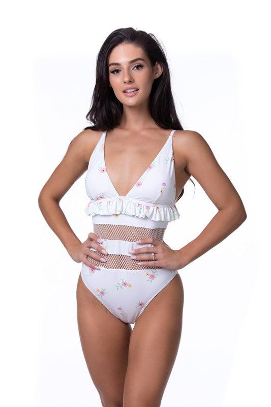 BEIGE FLORAL RUFFLE TRIM MESH ONE PIECE SWIMBeige floral one piece style with ruffle trim, mesh inserts, removable pads, adjustable shoulder straps, and back tie closure. Moderate coverage, stretch fit. 
Print