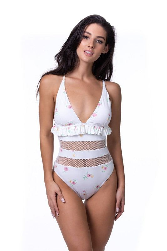 BEIGE FLORAL RUFFLE TRIM MESH ONE PIECE SWIMBeige floral one piece style with ruffle trim, mesh inserts, removable pads, adjustable shoulder straps, and back tie closure. Moderate coverage, stretch fit. 
Print