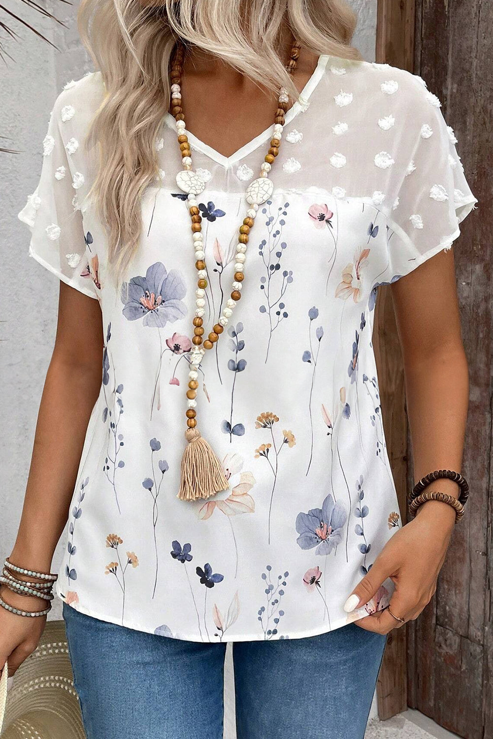 White Floral Print Jacquard Patchwork V Neck Blouse