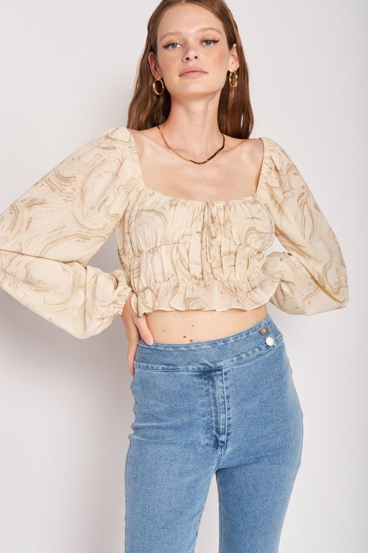 LONG SLEEVE WITH RUCHED DETAIL CROP TOPSIZE &amp; FIT :Model Wears Size SmallModel's Height: 5'9Made In: IMPORTEDFabric Contents: 100% POLYESTER LINING, 100% POLYESTER