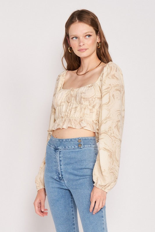 LONG SLEEVE WITH RUCHED DETAIL CROP TOPSIZE &amp; FIT :Model Wears Size SmallModel's Height: 5'9Made In: IMPORTEDFabric Contents: 100% POLYESTER LINING, 100% POLYESTER