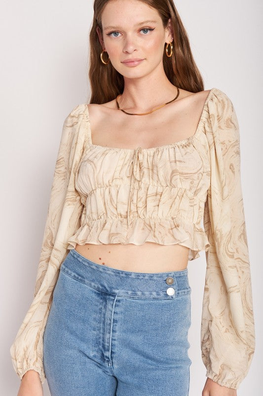 LONG SLEEVE WITH RUCHED DETAIL CROP TOPSIZE &amp; FIT :Model Wears Size SmallModel's Height: 5'9Made In: IMPORTEDFabric Contents: 100% POLYESTER LINING, 100% POLYESTER