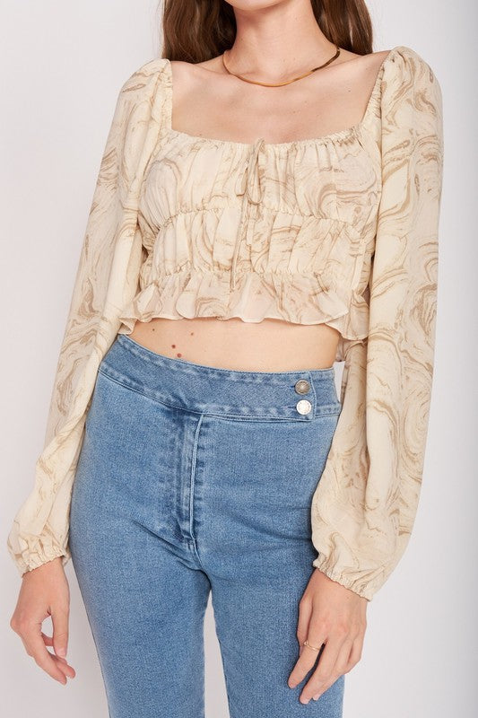 LONG SLEEVE WITH RUCHED DETAIL CROP TOPSIZE &amp; FIT :Model Wears Size SmallModel's Height: 5'9Made In: IMPORTEDFabric Contents: 100% POLYESTER LINING, 100% POLYESTER