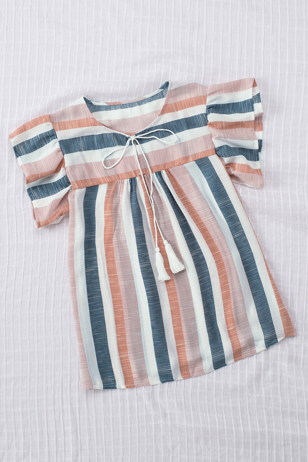 Pink and Blue Stripes Shirt Flutter Sleeve V Neck BlouseMaterial:100%Polyester


	•This simple striped print top looks very stylish and casual, and you'll get a lot of compliments wearing it 


	•Drawstring neckline 