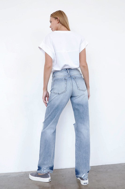 HIGH WAISTED LOOSE STRAIGHT JEANSHIGH WAISTED LOOSE STRAIGHT JEANS100% COTTON(SIZE 3)WAIST 30"HIP 38 3/4"FRONT SIZE 10 1/2"LEG OPENING 15 3/4"INSEAM 31 1/2"*Model wears size 1*MODELHEIGHT 5'8"BUST 3