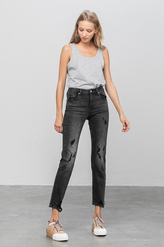 MID-RISE ANKLE STRAIGHT JEANSMID-RISE ANKLE STRAIGHT JEANS 49% COTTON, 29% POLYESTER, 21% RAYON, 1% SPANDEX(SIZE 3)WAIST 24 1/2"HIP 32 1/2"FRONT RISE 9 1/2"LEG OPENING 12 1/4"INSEAM 27 1/2"*Mode