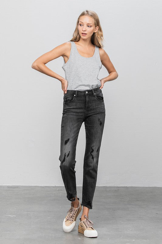 MID-RISE ANKLE STRAIGHT JEANSMID-RISE ANKLE STRAIGHT JEANS 49% COTTON, 29% POLYESTER, 21% RAYON, 1% SPANDEX(SIZE 3)WAIST 24 1/2"HIP 32 1/2"FRONT RISE 9 1/2"LEG OPENING 12 1/4"INSEAM 27 1/2"*Mode