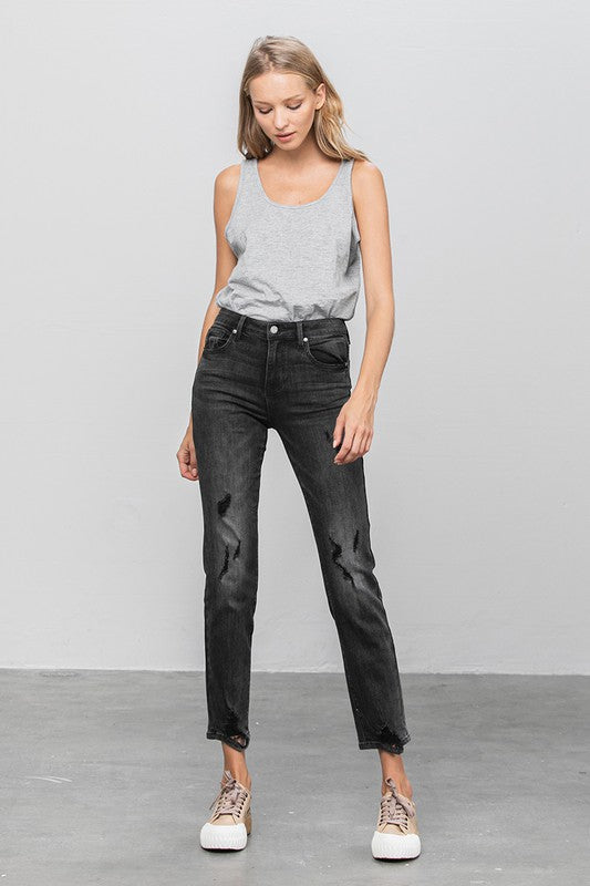 MID-RISE ANKLE STRAIGHT JEANSMID-RISE ANKLE STRAIGHT JEANS 49% COTTON, 29% POLYESTER, 21% RAYON, 1% SPANDEX(SIZE 3)WAIST 24 1/2"HIP 32 1/2"FRONT RISE 9 1/2"LEG OPENING 12 1/4"INSEAM 27 1/2"*Mode