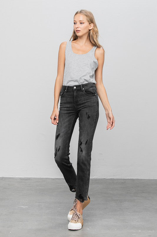 MID-RISE ANKLE STRAIGHT JEANSMID-RISE ANKLE STRAIGHT JEANS 49% COTTON, 29% POLYESTER, 21% RAYON, 1% SPANDEX(SIZE 3)WAIST 24 1/2"HIP 32 1/2"FRONT RISE 9 1/2"LEG OPENING 12 1/4"INSEAM 27 1/2"*Mode