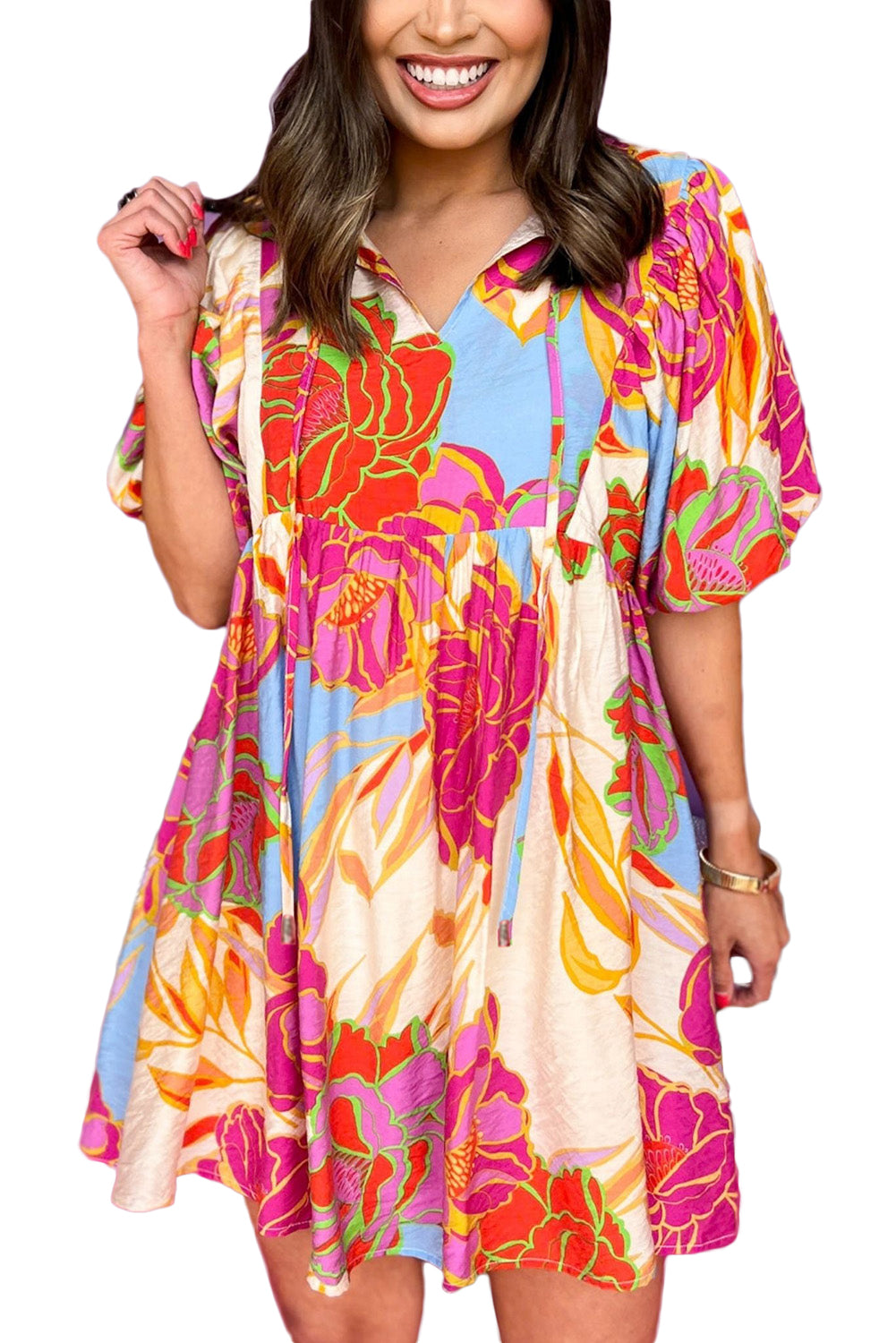 White Puff Sleeve Tied Split Neck Colorful Floral Flowy DressMaterial:100%Cotton


	


		Step into elegance with our mini dress, a vibrant and feminine piece designed to make a statement.
	
	
		This dress features charm