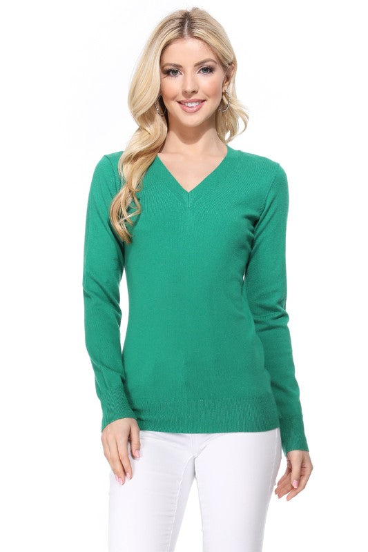 Women's Long Sleeve V-Neck Pulll Over Sweater Top- 25"-26.5" Length, V-Neck, Long Sleeve, Casual, Basic, and Classic Viscose Knitted Pullover Sweater- Lightweight Knit Pullover Sweater with High Quality Soft Viscos