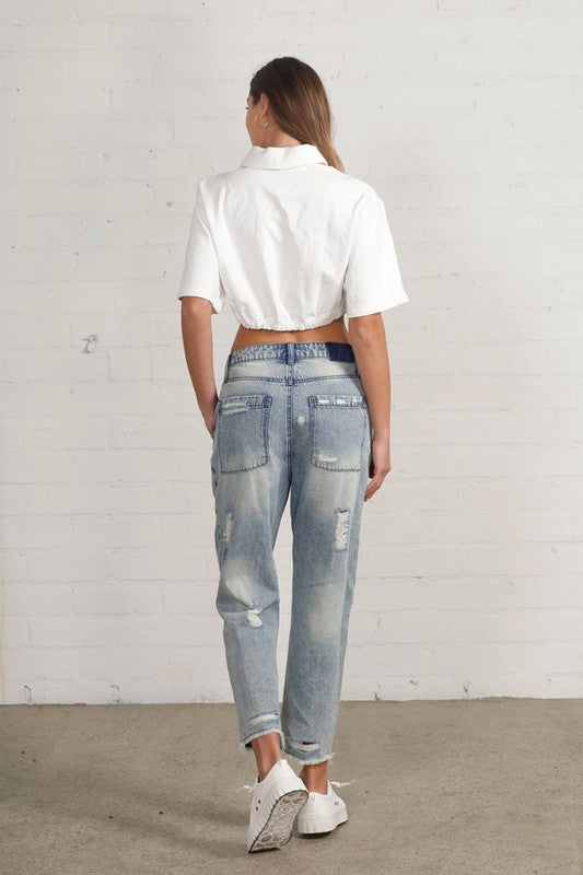 RAW HEM PATCHED JEANSSLOUCH VINTAGE PATCHED WORK JEANS100% COTTON(SIZE S)FRONT RISE 13 1/2"LEG OPENING 13 1/4"INSEAM 24"*Model wears size S*MODELHEIGHT 5'10"WAIST 26"HIPS 34"BUST 34"SIZE