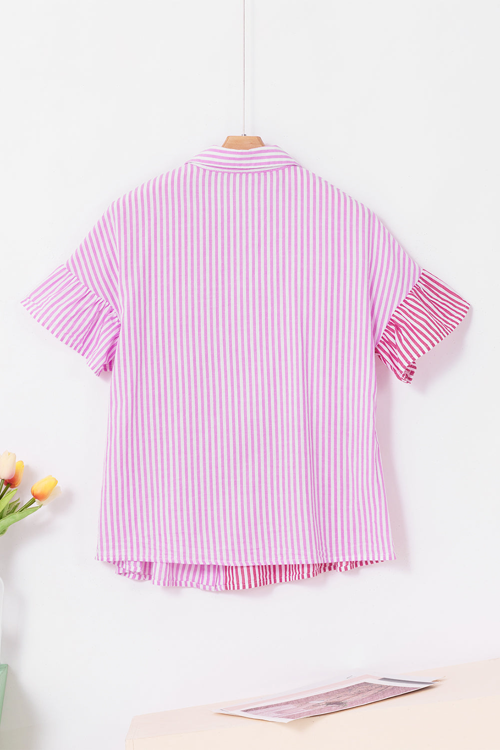 Pink Striped Patchwork Ruffle Button Up Blouse