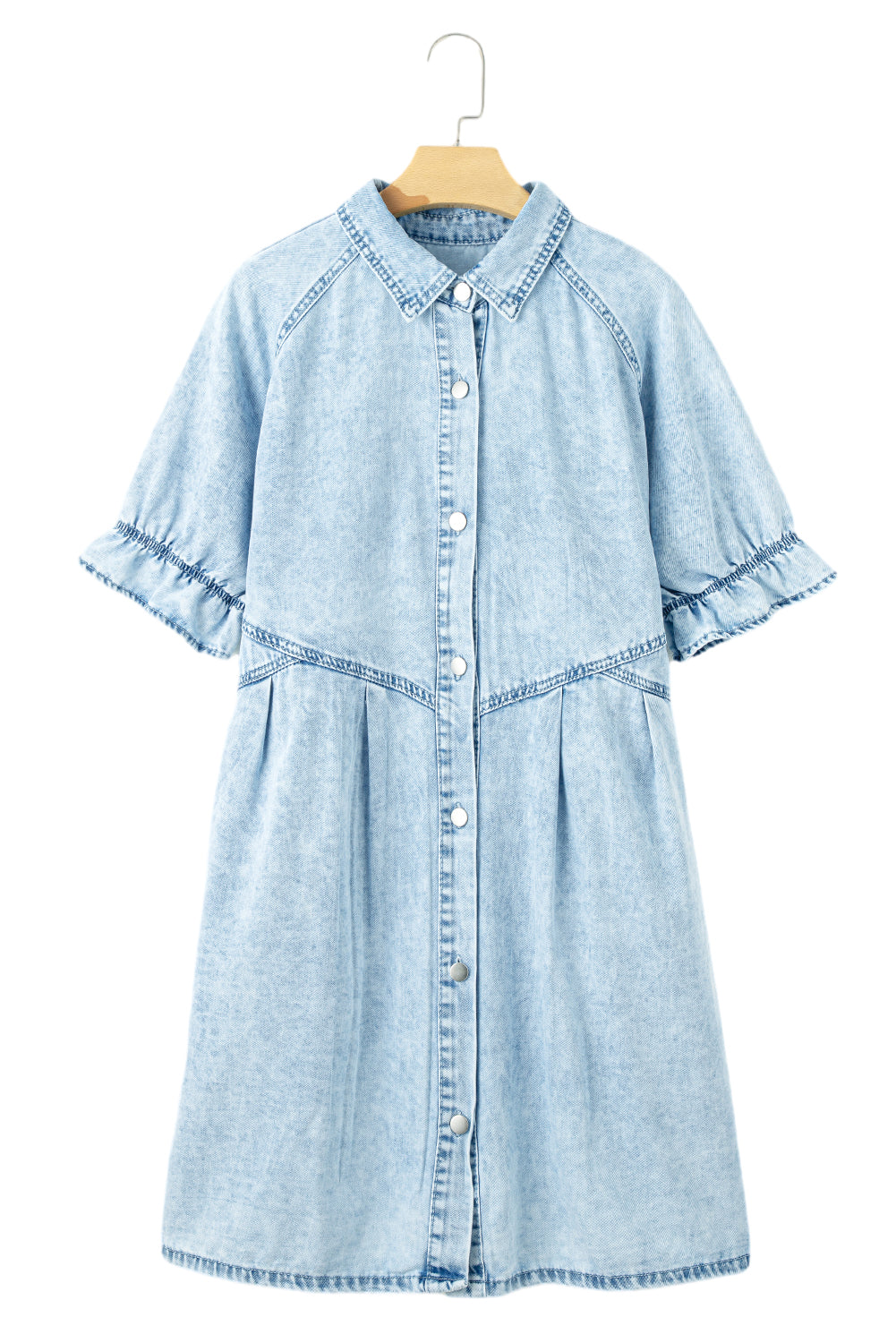 Blue Mineral Washed Ruffled Short Sleeve Pocketed Denim DressMaterial:82%Cotton+10%Polyester+8%Viscose



		This denim dress features short sleeves and a ruffled detail, adding a feminine and playful touch to the design.
	
