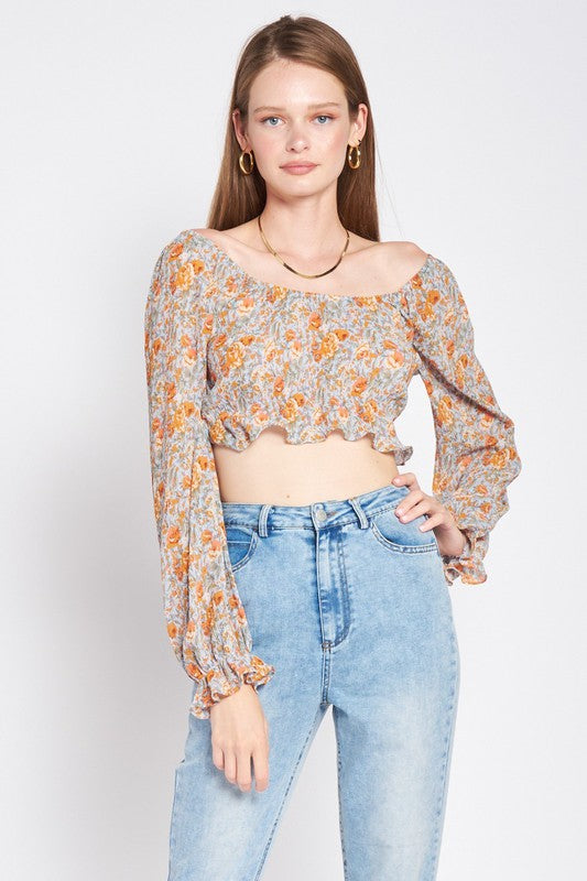 SCOOP NECK FLORAL TOP WITH RUFFLE DETAILSIZE &amp; FIT :MODEL WEARS SIZE SMALLMODEL'S HEIGHT 5'9Made In: IMPORTEDFabric Contents: 100% Polyester