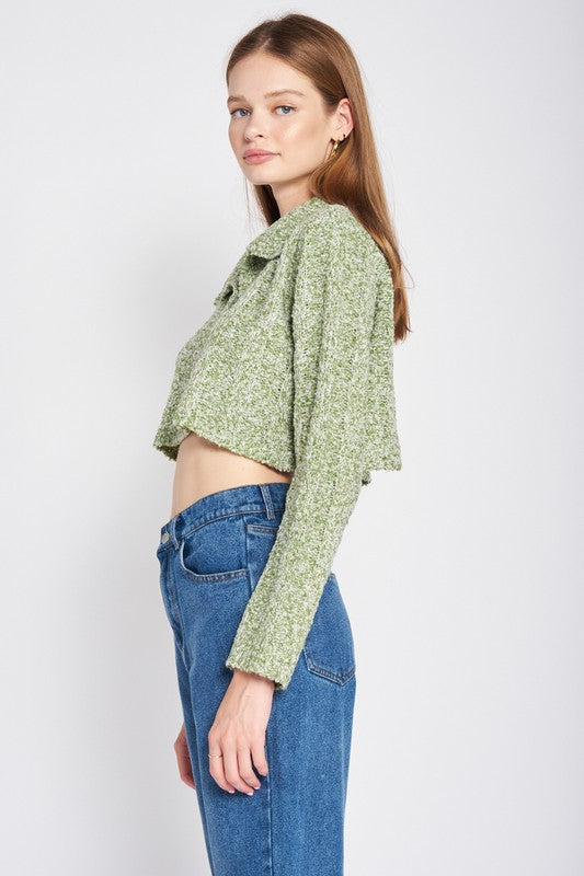 LONG SLEEVE COLLARED CROP TOPSIZE &amp; FIT :MODEL WEARS SIZE SMALLMODEL'S HEIGHT 5'9Made In: IMPORTEDFabric Contents: 100% Polyester