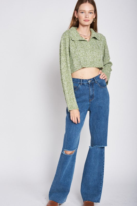 LONG SLEEVE COLLARED CROP TOPSIZE &amp; FIT :MODEL WEARS SIZE SMALLMODEL'S HEIGHT 5'9Made In: IMPORTEDFabric Contents: 100% Polyester