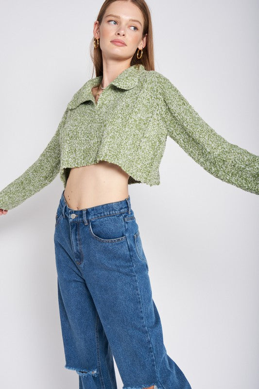 LONG SLEEVE COLLARED CROP TOPSIZE &amp; FIT :MODEL WEARS SIZE SMALLMODEL'S HEIGHT 5'9Made In: IMPORTEDFabric Contents: 100% Polyester