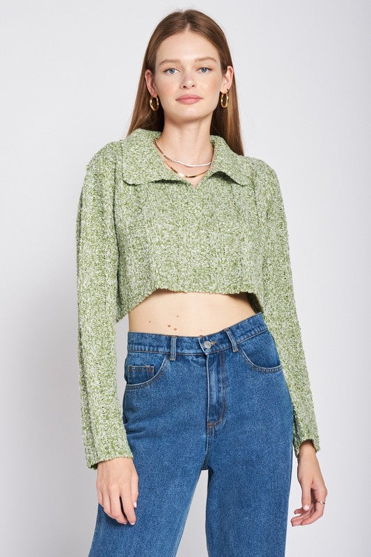 LONG SLEEVE COLLARED CROP TOPSIZE &amp; FIT :MODEL WEARS SIZE SMALLMODEL'S HEIGHT 5'9Made In: IMPORTEDFabric Contents: 100% Polyester