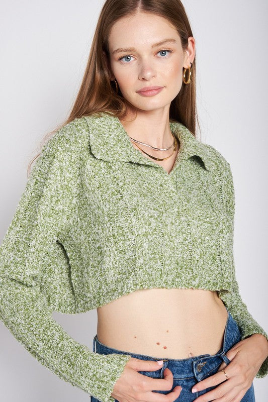 LONG SLEEVE COLLARED CROP TOPSIZE &amp; FIT :MODEL WEARS SIZE SMALLMODEL'S HEIGHT 5'9Made In: IMPORTEDFabric Contents: 100% Polyester