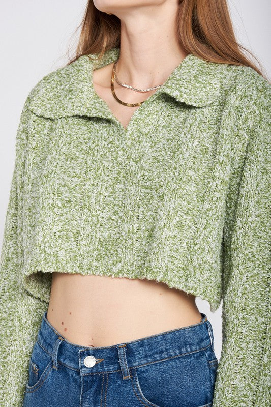 LONG SLEEVE COLLARED CROP TOPSIZE &amp; FIT :MODEL WEARS SIZE SMALLMODEL'S HEIGHT 5'9Made In: IMPORTEDFabric Contents: 100% Polyester