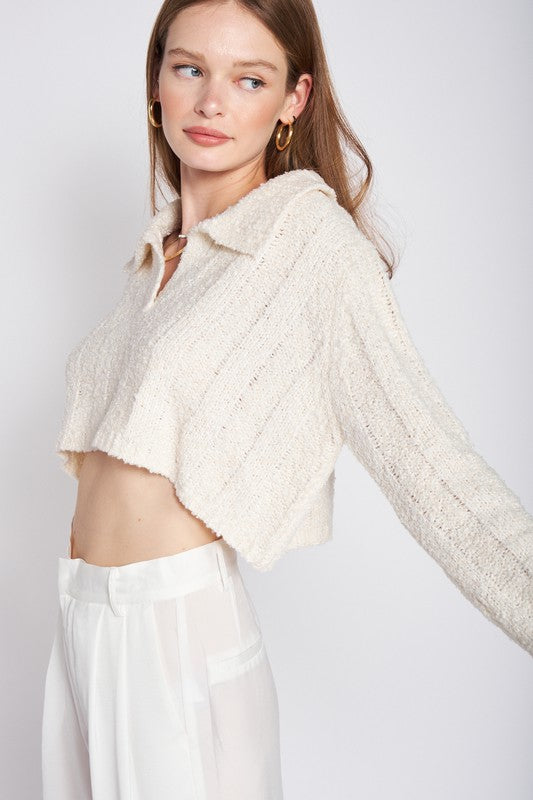 LONG SLEEVE COLLARED CROP TOPSIZE &amp; FIT :MODEL WEARS SIZE SMALLMODEL'S HEIGHT 5'9Made In: IMPORTEDFabric Contents: 100% Polyester