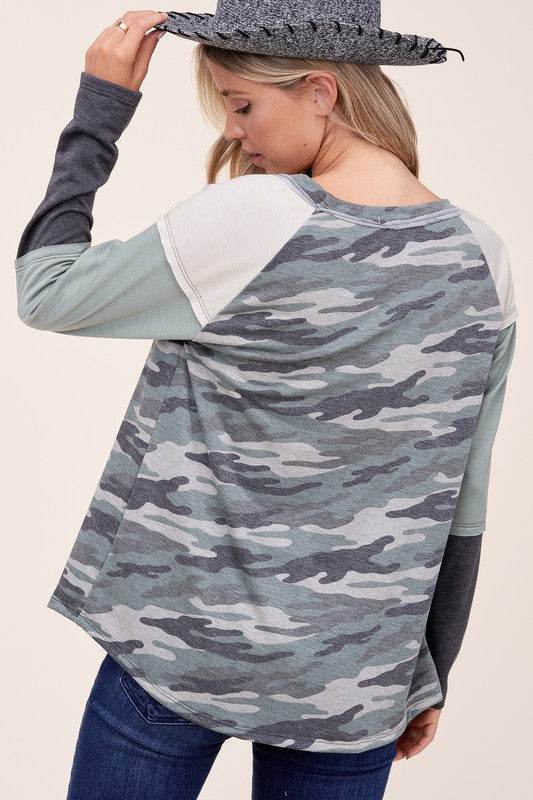 PLUS CAMOUFLAGE COLOR BLOCK TOPFRENCH TERRY CAMOUFLAGE PRINT AND SOLID COLOR BLOCKED LONG SLEEVE ROUND NECK RAW EDGE DETAIL PLUS TOP - MADE IN U.S.A
Style: Casual
Print / Pattern: CAMOUFLAGE PRINT