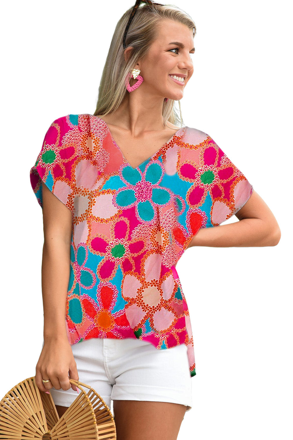 Multicolor Abstract Print V Neck Short Sleeve Dolman BlouseMaterial:100%Polyester



		The
chic blouse has a relaxed fit and dolman sleeves, which create a comfortable
and flattering silhouette
	
	
		The
V-neckline a