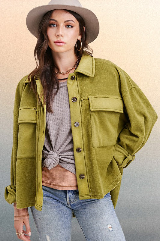 Matilda JacketDaily oversized lightweight jacket with button up front, collared neckline, long sleeves with button cuffs and exaggerated front patch pockets* Having trouble matchi