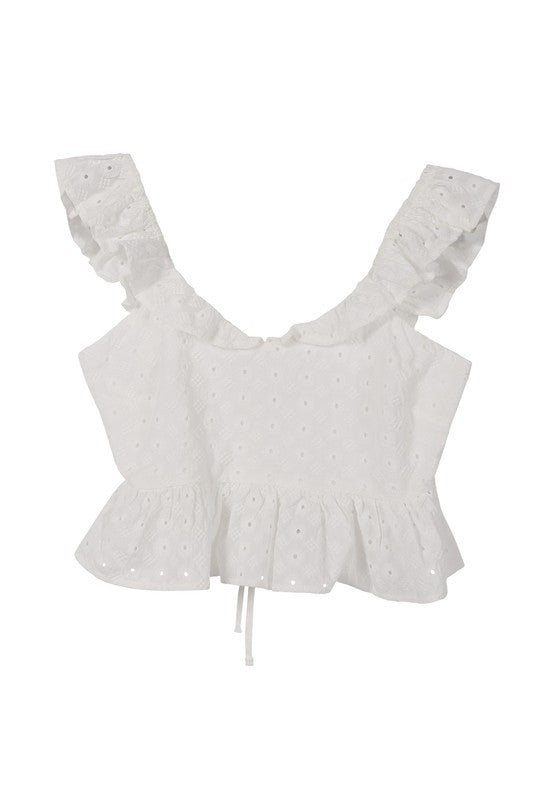 SL ruffled top with flare*White eyelet embroidered details with ruffle trim and open back tie peplum top*Pattern type : white jacquard eyelet fabric *Neck line : round scoop neck*Sleeve leng