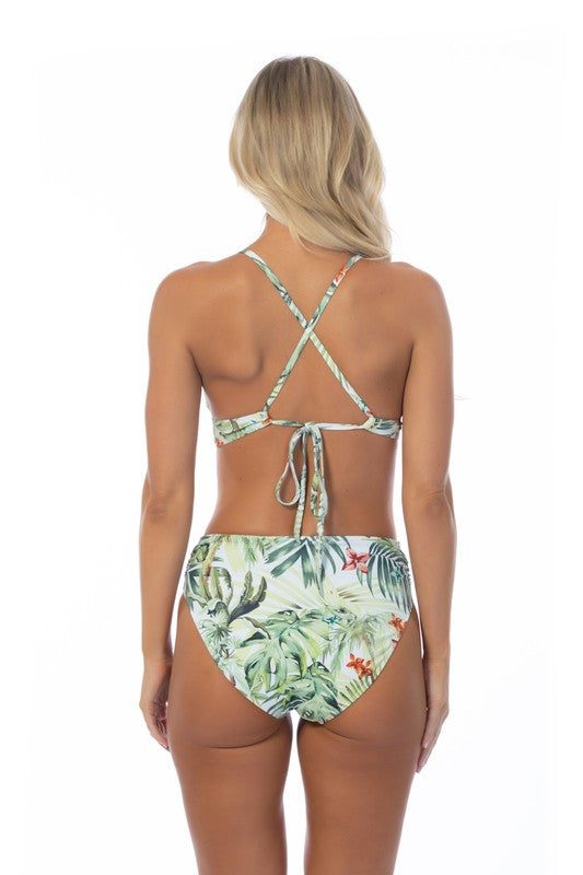 TROPICAL HALTER MID WAIST BIKINI SETLeaf print bralette bikini top features thick under bust band for added support and a flattering v-neckline with removable soft cups. Offers thin over the shoulder s