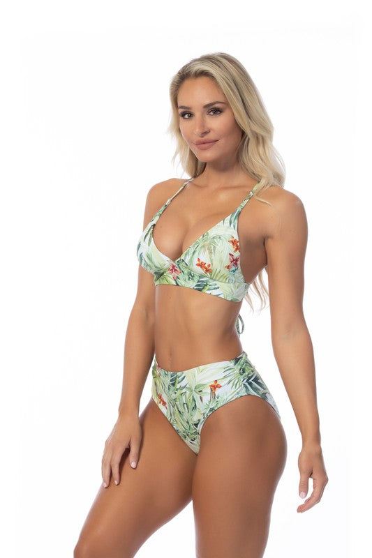 TROPICAL HALTER MID WAIST BIKINI SETLeaf print bralette bikini top features thick under bust band for added support and a flattering v-neckline with removable soft cups. Offers thin over the shoulder s