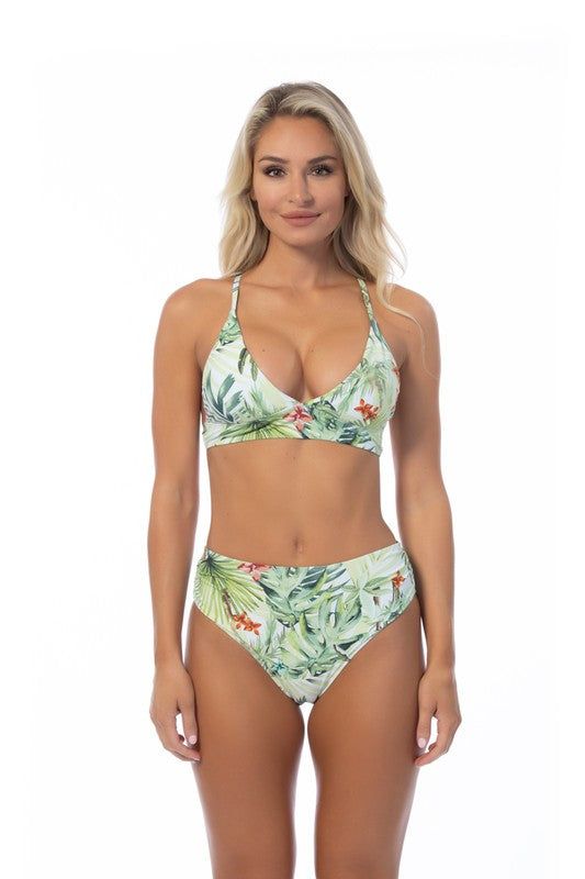 TROPICAL HALTER MID WAIST BIKINI SETLeaf print bralette bikini top features thick under bust band for added support and a flattering v-neckline with removable soft cups. Offers thin over the shoulder s