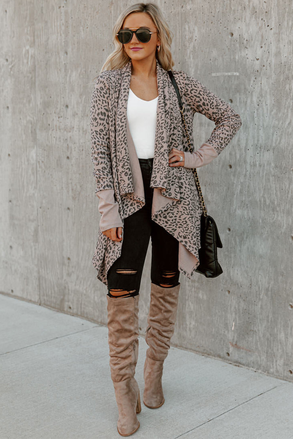 Cheetah Print Cowl Neck Open Front Long Cardigan