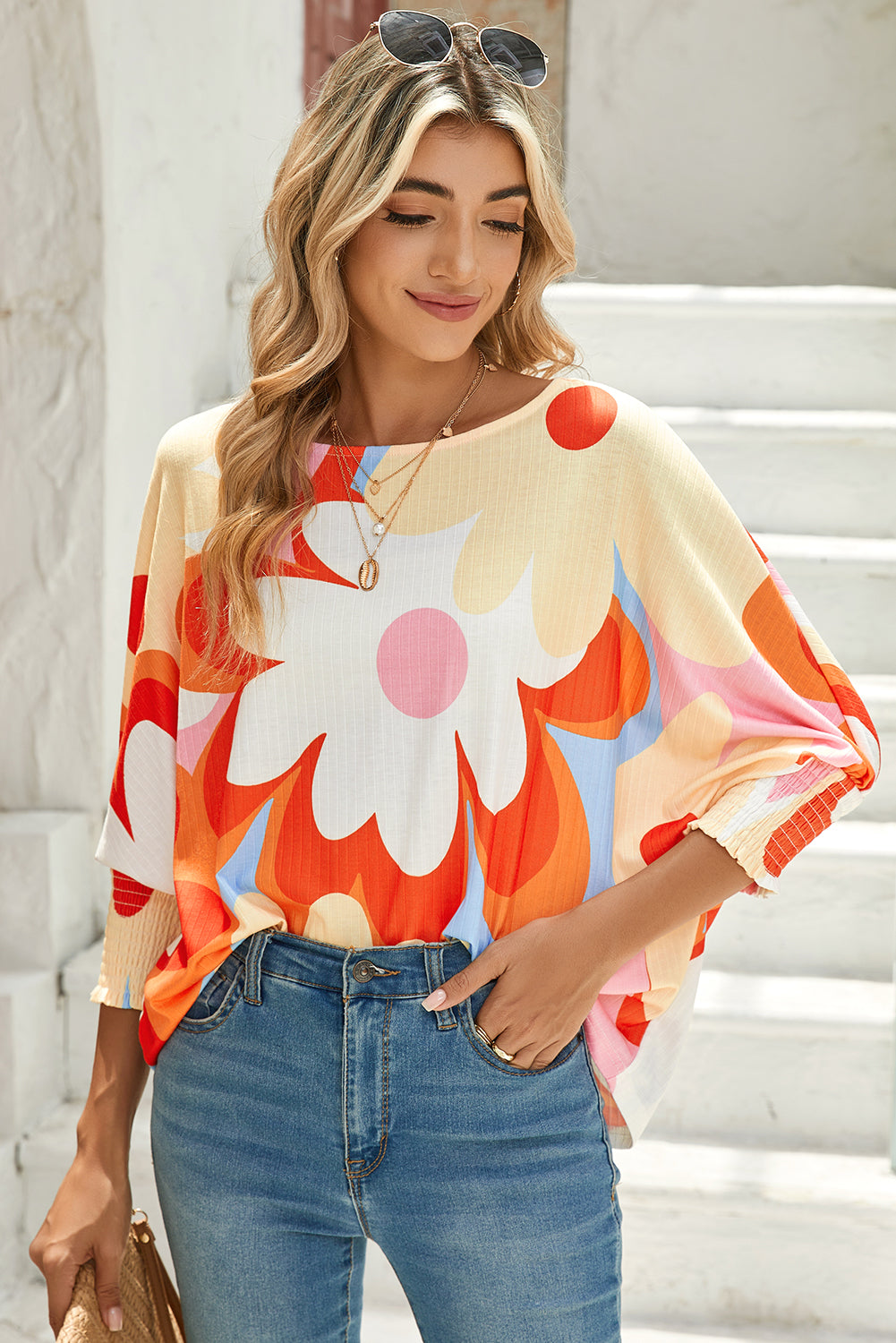 Yellow Colorful Floral Print Ribbed Dolman BlouseMaterial:95%Polyester+5%Elastane

• Radiate sunny vibes in this blouse, blending a playful floral pattern with a vibrant hue.
• The dolman sleeves offer a relaxed 