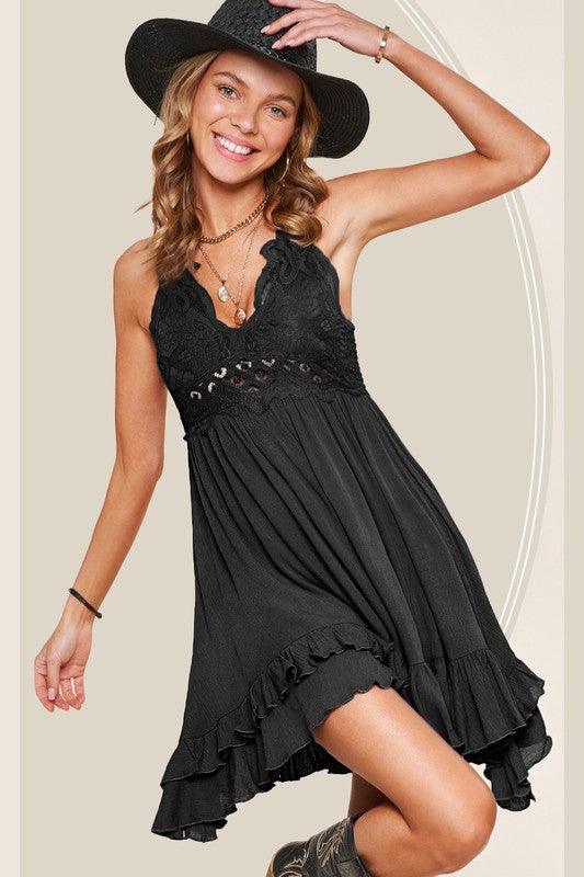 Monterey DressGo-to slip dress featuring beautiful bralette at the top with boho crochet lace details and adjustable double shoulder straps. Smocked back and a light airy skirt wi