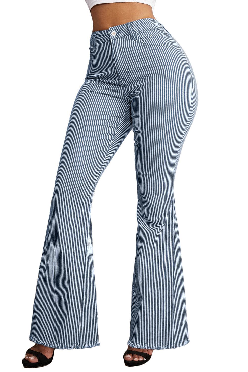 Light Blue Stripe Casual Mid Waist Bell PantsMaterial:73%Cotton+25%Polyester+2%Elastane



		These amazing statement jeans feature a dramatic pant leg that’s fitted throughout the thigh
	
	
		Ended in a ex