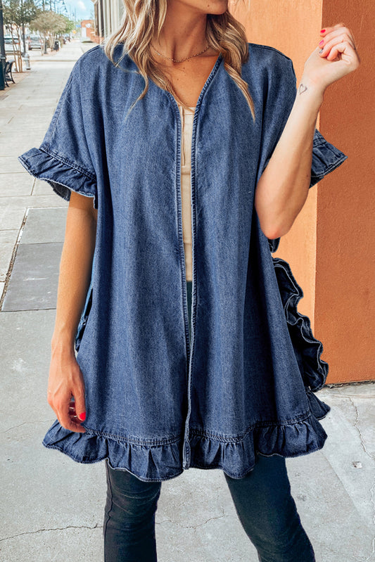 Dusk Blue Half Sleeve Ruffle Edge Chambray Open KimonoMaterial:80%Cotton+20%Polyester

• The half sleeves provide a relaxed and comfortable fit, perfect for layering over your favorite tops or dresses.
• Made from sof