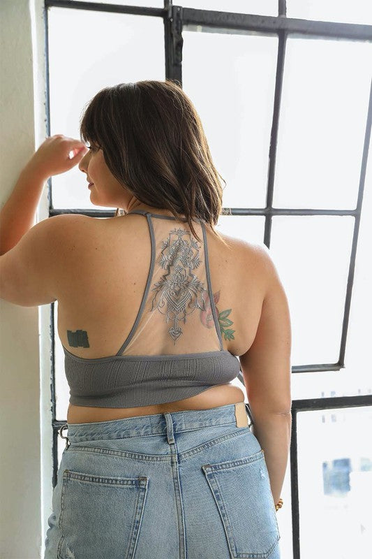 Plus Size Tattoo Mesh Racerback BralettePlus Size Tattoo Mesh Racerback BraletteHeat Stamped Care LabelAdjustable StrapImmediate ShippingCup Fit 1XL/2XL: Size 14-18 Bust 40"-44" Cup Fit 34DD 36D 38C 38D 40