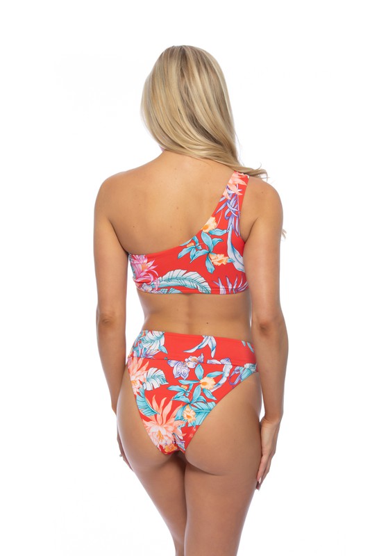 RED TROPICAL RING ACCENT ONE SHOULDER BIKINI SETRed tropical bikini set featuring a one-shoulder top with acrylic ring accent, and removable pads. Matching with a banded high rise bikini bottom. Soft microfiber ma