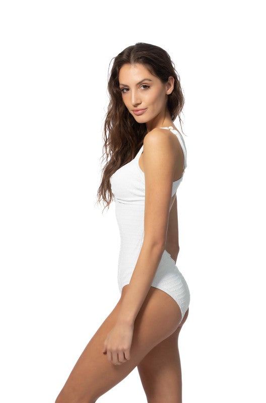 TEXTURED SOLID ONE PIECE SWIMSUIT WITH KNOT FRONTSolid textured one piece swimsuit features center knot detailing, removable pads, and back hook closure. Adjustable wide shoulder straps for added comfort. Ruched ba