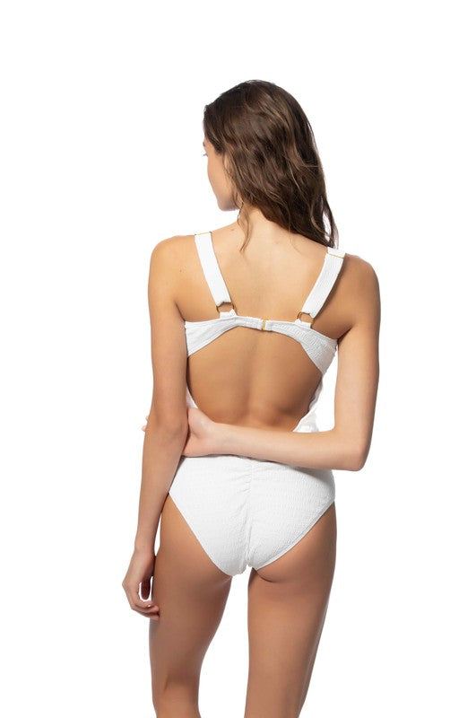 TEXTURED SOLID ONE PIECE SWIMSUIT WITH KNOT FRONTSolid textured one piece swimsuit features center knot detailing, removable pads, and back hook closure. Adjustable wide shoulder straps for added comfort. Ruched ba