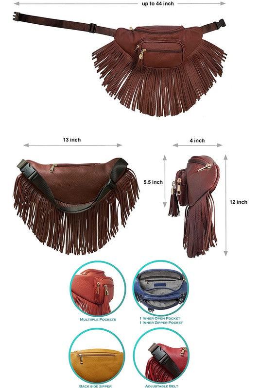 Fashion Fringe Tassel Fanny Pack Waist BagFashion Fringe Tassel Fanny Pack Waist Bag Faux leather Zip top closure Gold-tone hardware Adjustable strap L 13 * H 5.5 * W 4