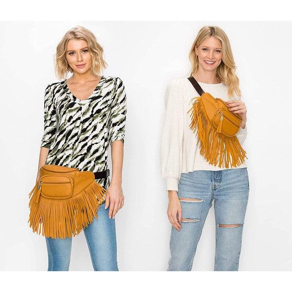 Fashion Fringe Tassel Fanny Pack Waist BagFashion Fringe Tassel Fanny Pack Waist Bag Faux leather Zip top closure Gold-tone hardware Adjustable strap L 13 * H 5.5 * W 4